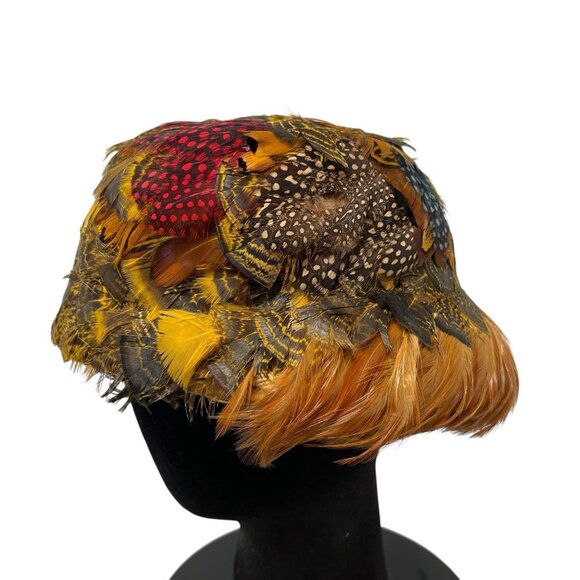 Vintage Women's Pheasant Feather Hat Cap Size 7 Retro 1940's Union Made in USA - Picture 5 of 8